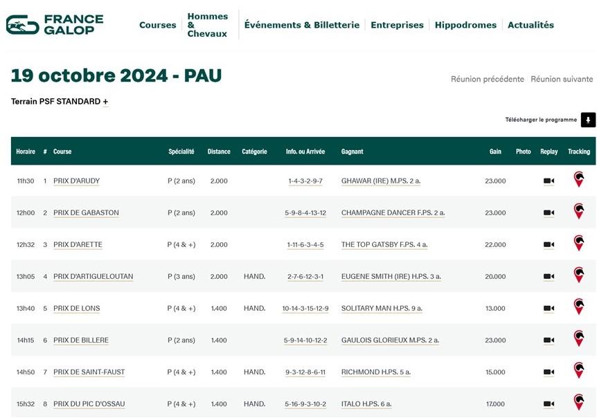 19 10 2024 pau courses hippiques 8 plats tableau arrivees