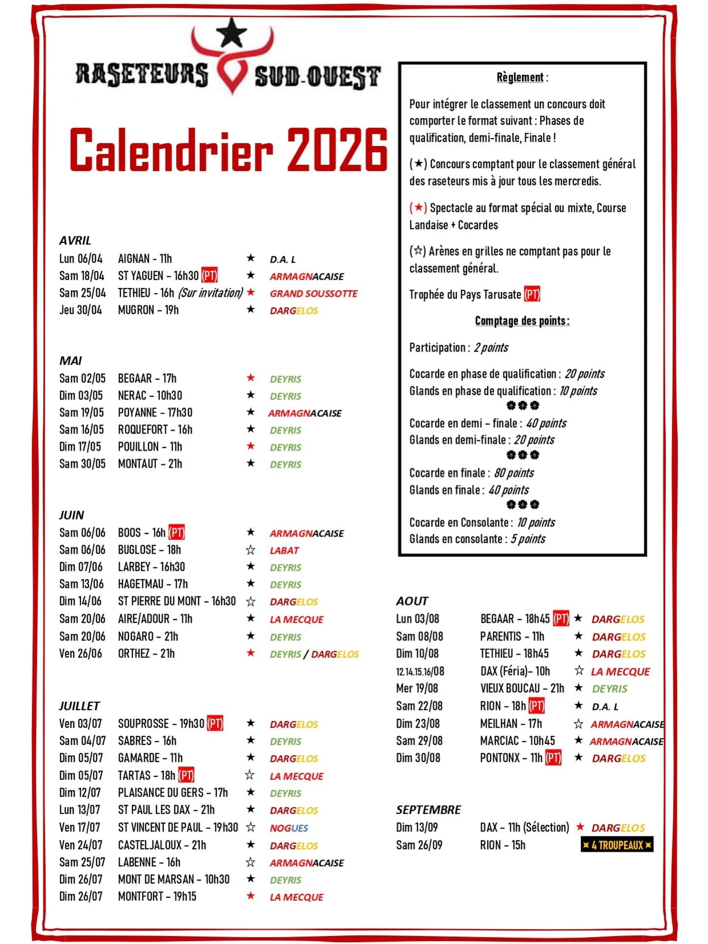 Calendrier 2026 les raseteurs